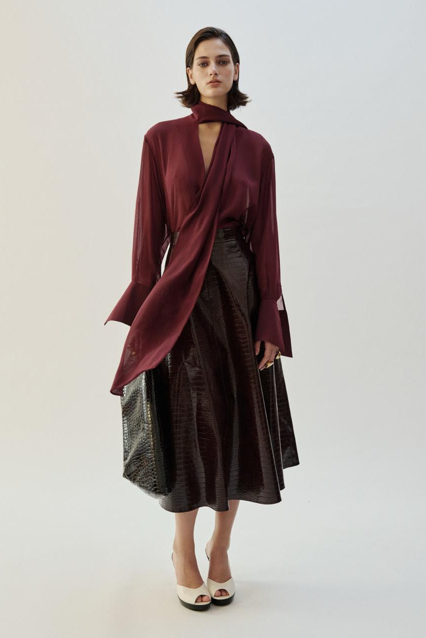 CROCO BROWN FLARE SKIRT