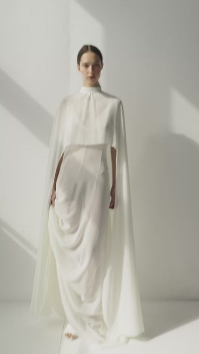 Patrizzia Chiffon Cape by J'amemme — movement video showing the long sheer chiffon cape drape