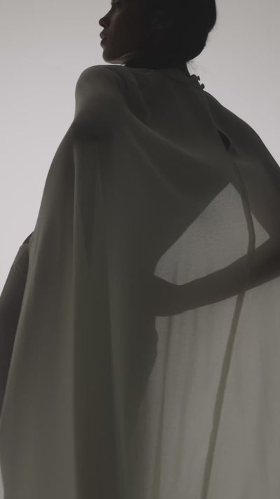 Patrizzia Chiffon Cape by J'amemme — movement video showing the sheer chiffon cape panels in motion