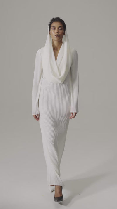 Polly Chiffon Dress by J'amemme — movement video of the pleated chiffon gown with cowl hood