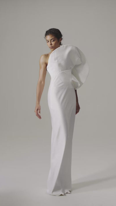 Manon Dress by J'amemme — movement video of the one-shoulder crepe gown with circular ruffle