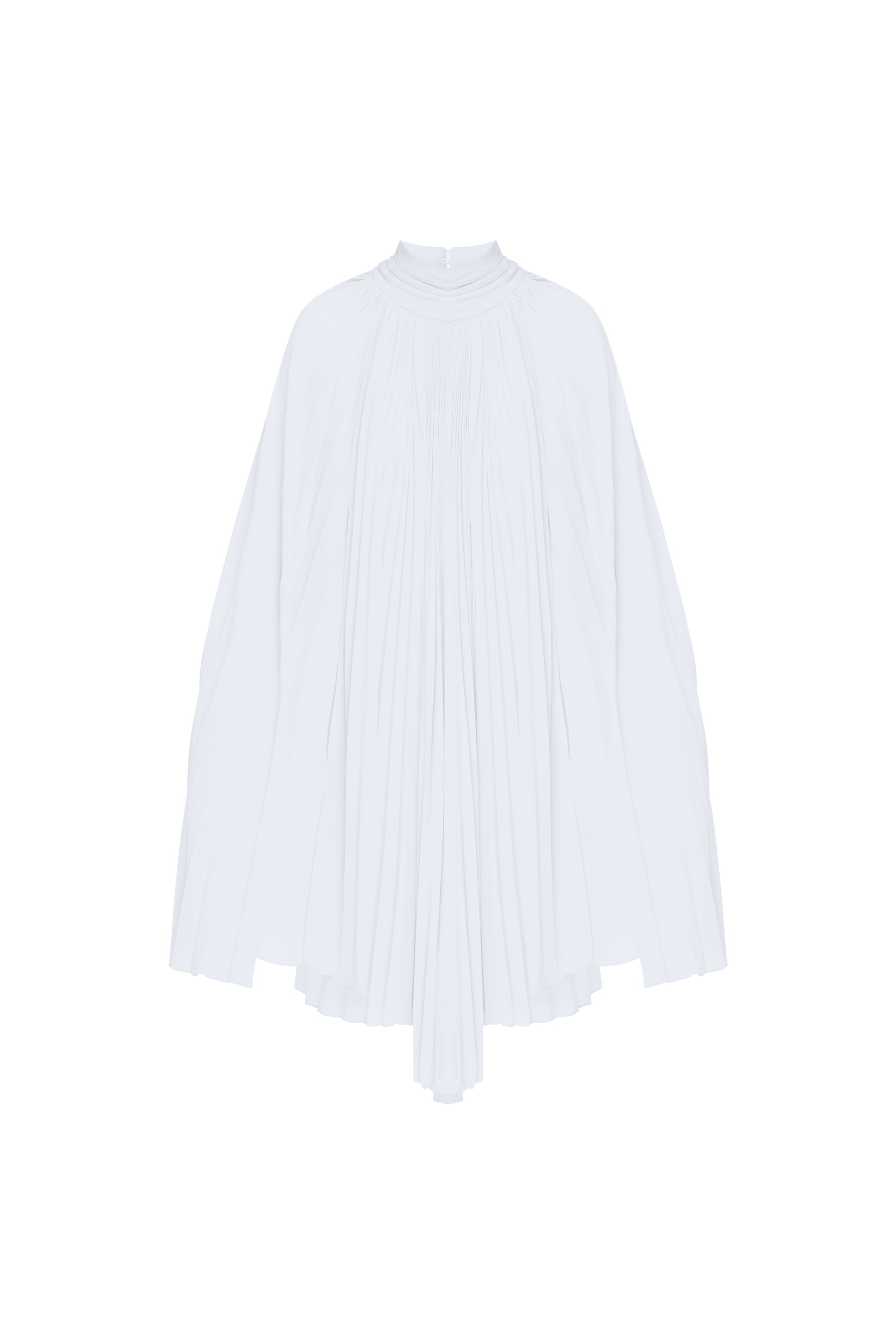 Vivian Pleated Dress White back view — handmade chiffon plissé bridal dress with flowing cape sleeves and pleated skirt on white background by J'amemme