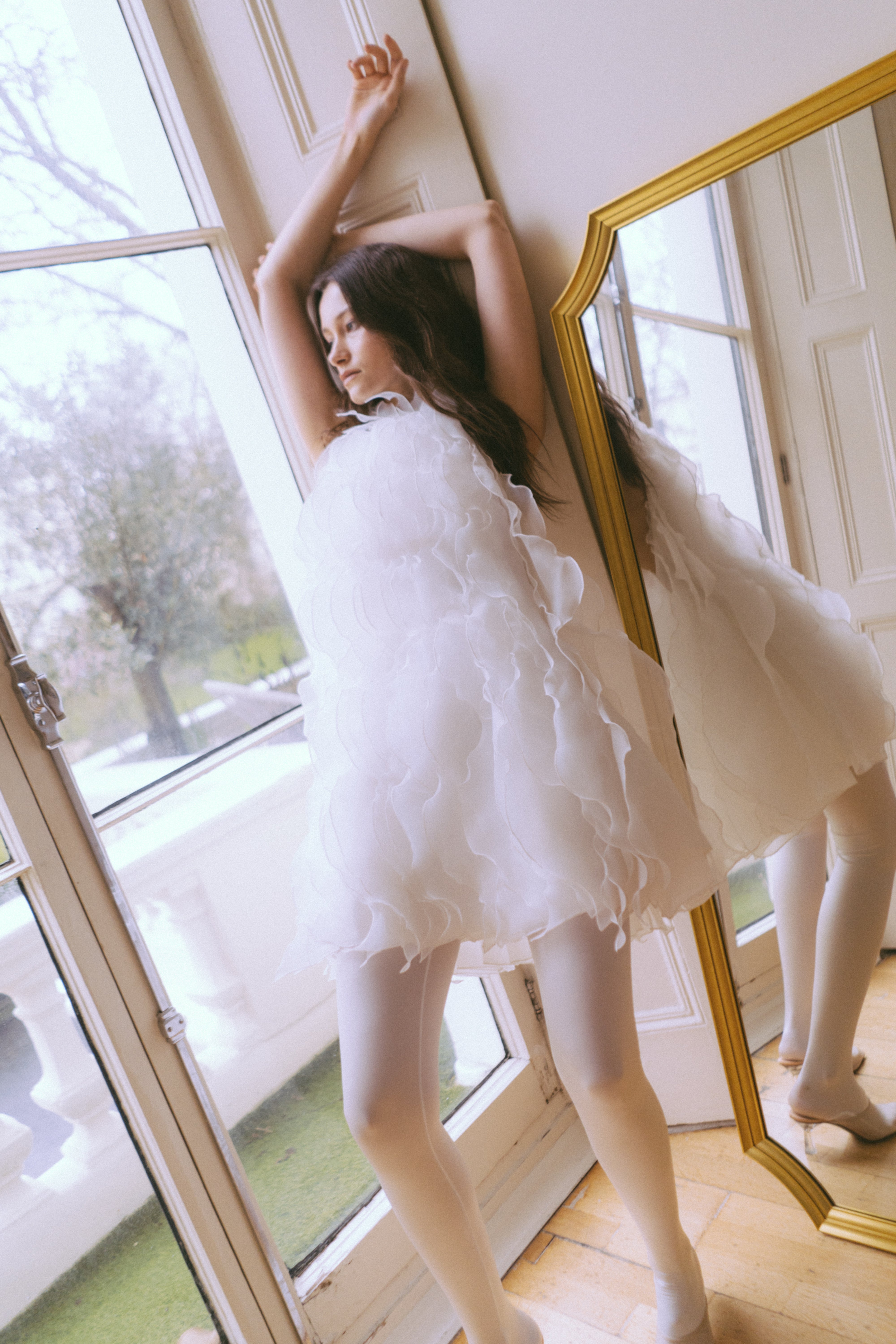 Wave White Dress — Ruffled Bridal Mini Dress with Belt