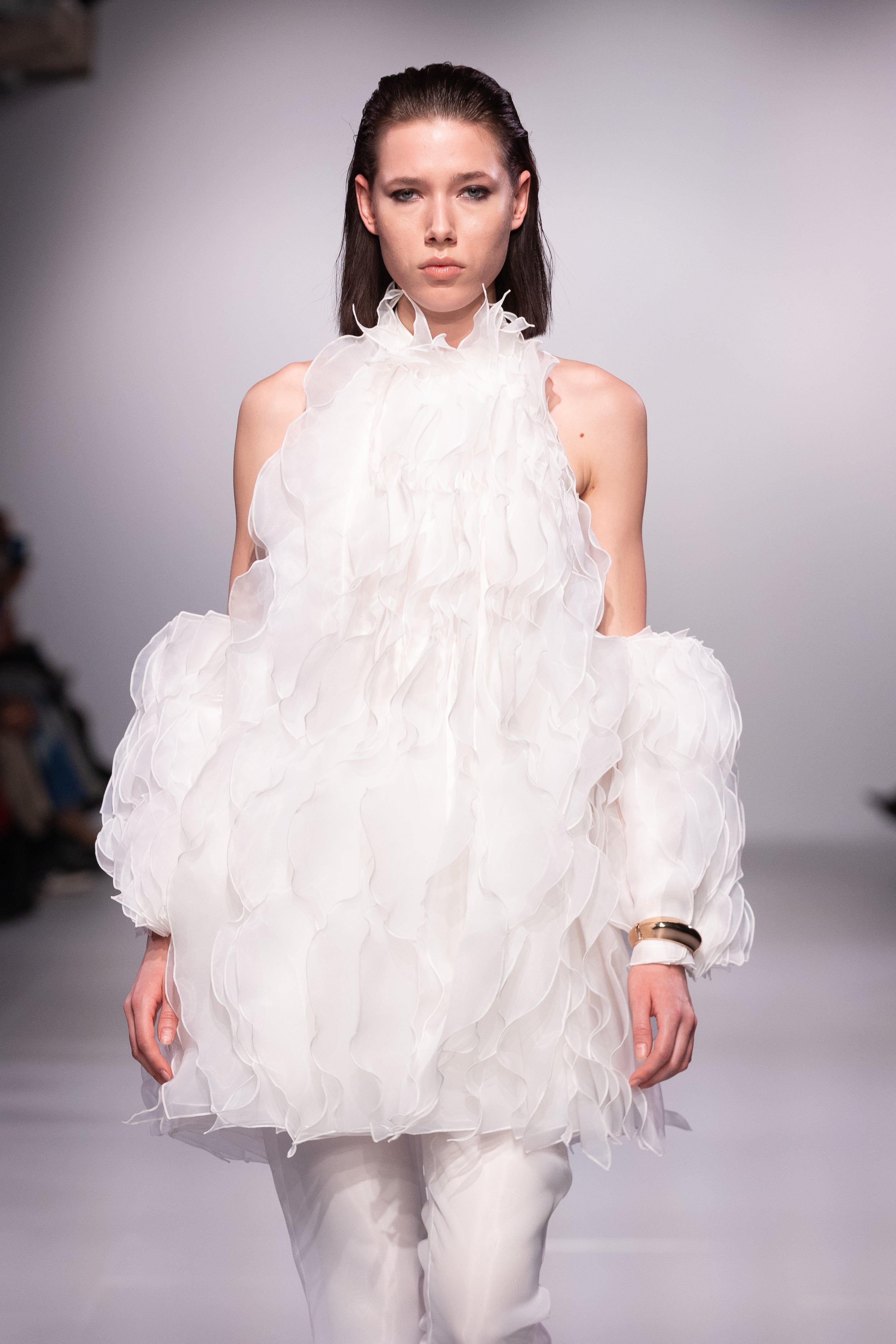 Wave White Dress — Ruffled Bridal Mini Dress with Belt